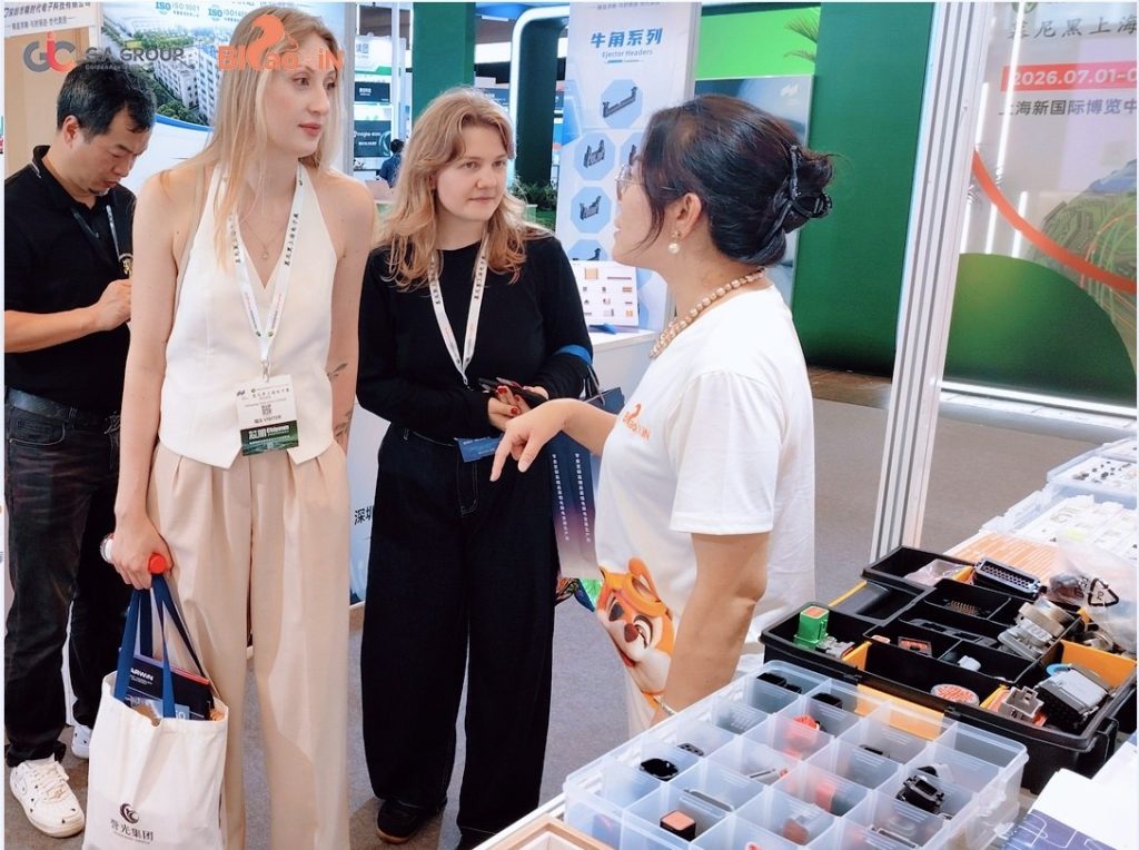 Female Client Inquiring About Connectors at G.A. Group Booth, electronica Shanghai 2026